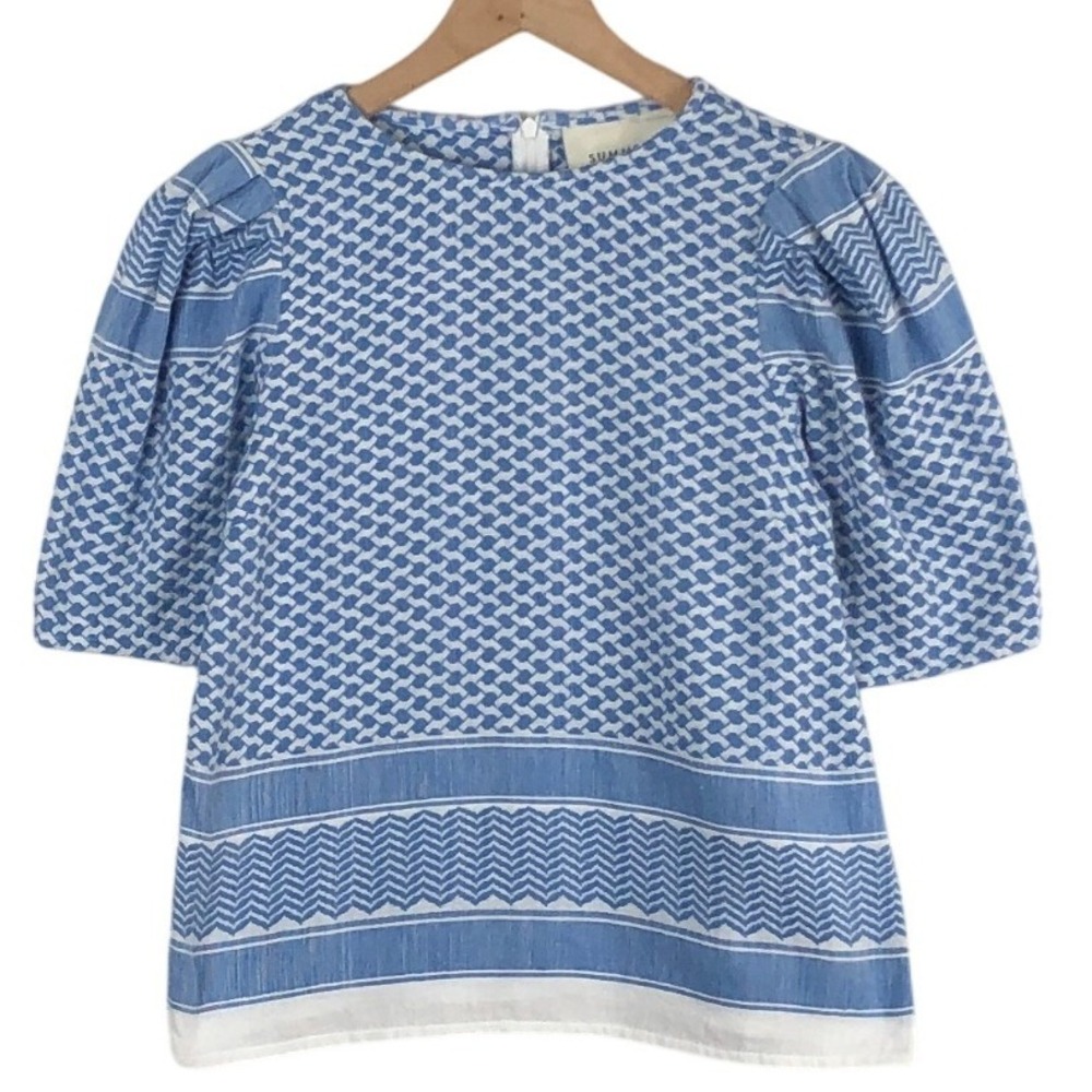 SUMMERY Copenhagen Marie Top Sz XS Blue White Geometric 100% Cotton Puff Sleeve